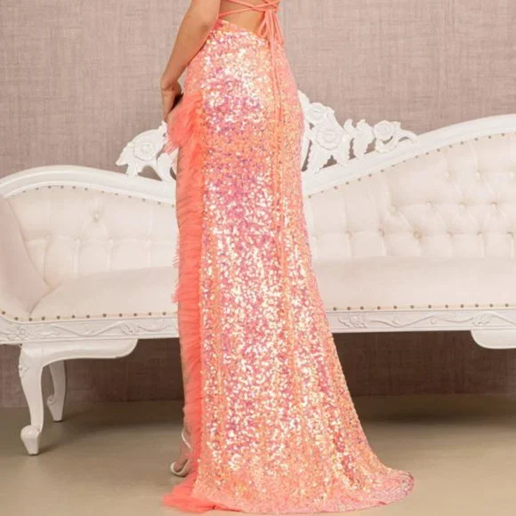 NEW LONG OFF THE SHOULDER SLEEVELESS EMBROIDERED SEQUIN GOWN WITH LACE UP GL3143